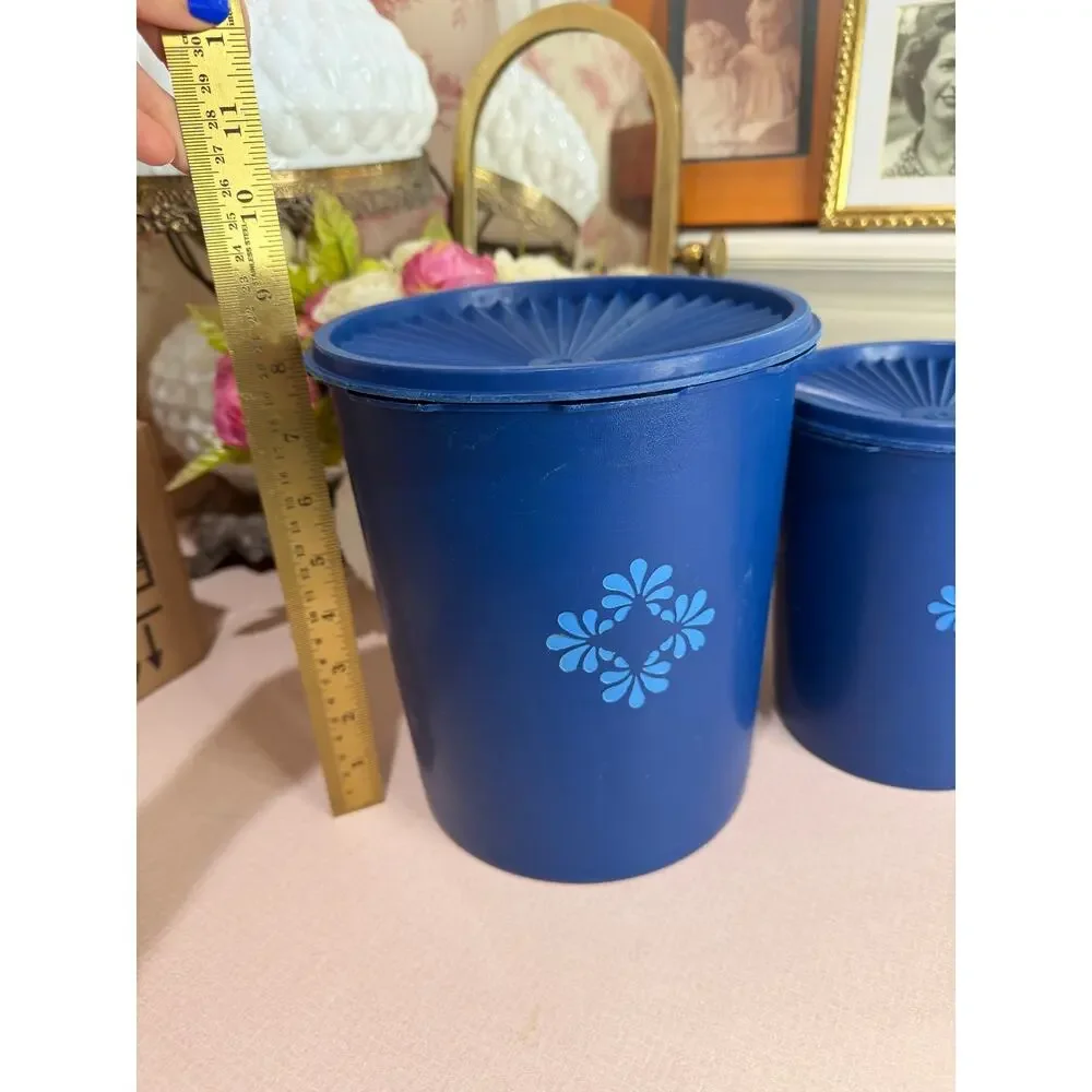 Vintage Tupperware Canister Set, Servalier, Set of 3 Dark Blue Sunburst Lids